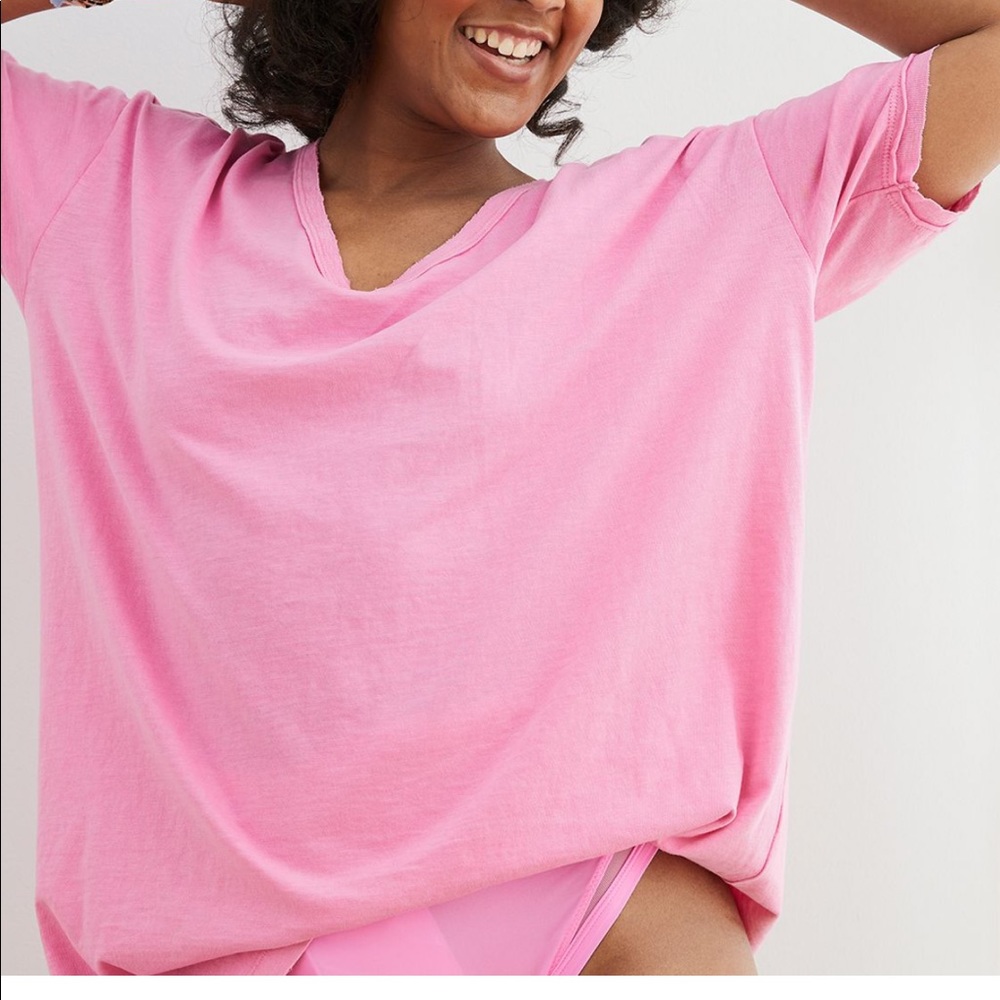 Aerie Pink Oversized V-Neck Boyfriend T-Shirt NWT